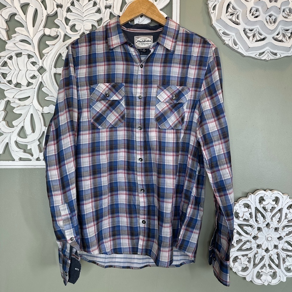 NWT Flag and Anthem Blue Red Plaid Button Down Medium
